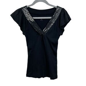Express Womens Jersey Top‎ Sexy Basic Sequin V Neck Cap Sleeves Black Sz XS